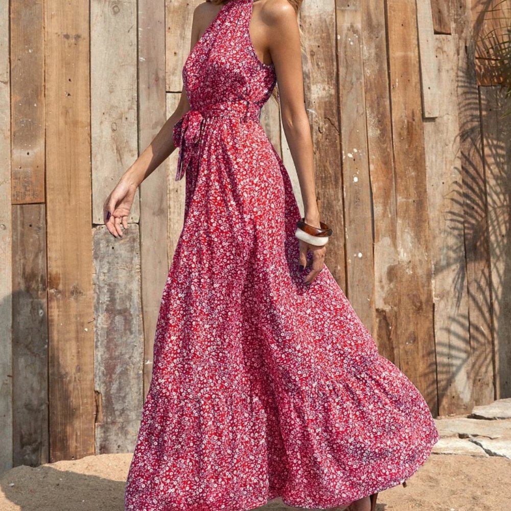 Ditsy Floral Belted Ruffle Hem Halter Dress
